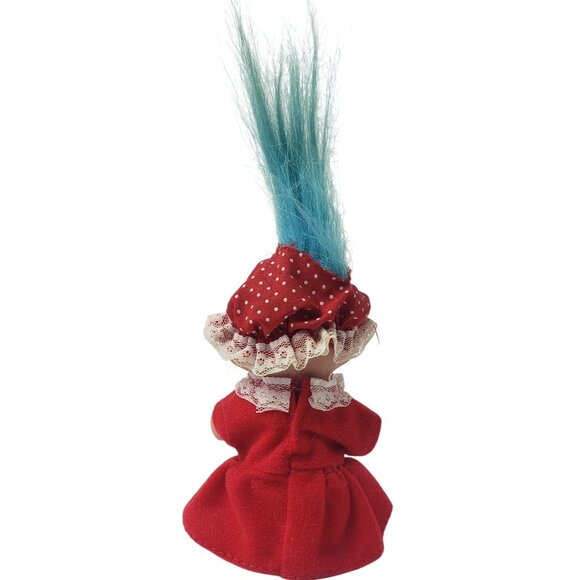 Vintage Russ Troll Doll Red Lace Dress Polka Dot Hat & Blue Hair 90s Retro - Picture 4 of 4